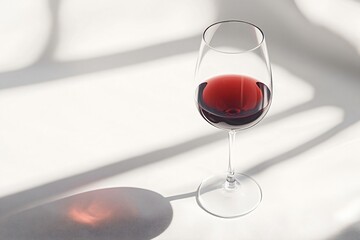Glass of red wine sits on a white surface, casting a dramatic shadow from a nearby window, creating an elegant and minimalist composition