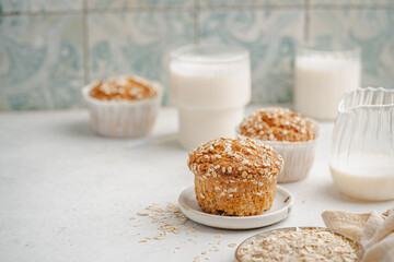 Home Baked Superfood Muffins With Oats, Seeds, Banana, Honey and nut milk. Healthy food and health life