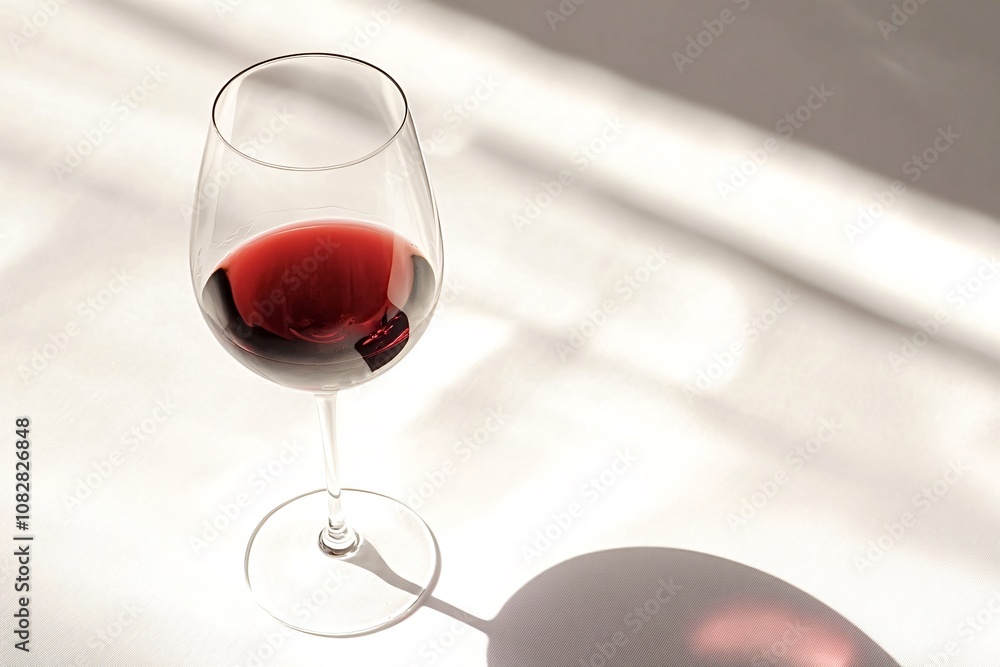 Poster sunlight creates beautiful shadows through a glass of red wine resting on a pristine white surface, 
