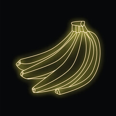 Neon sign showing a bright yellow bunch of bananas on black background