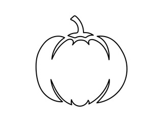Black pumpkin outline illustration isolated on white background. Concept of autumn vegetable, Thanksgiving, harvest, minimalist Halloween decor, seasonal design, farming. Icon, logo, print