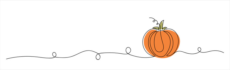 Orange Pumpkin in continuous one-line drawing style with extended line and curly elements isolated on white background. Concept of autumn, Halloween, Thanksgiving, Line Art, festive design. Copy space