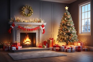 Christmas Tree In Red Shiny Glittering Background - Baubles Hanging On Fir With Abstract Lights