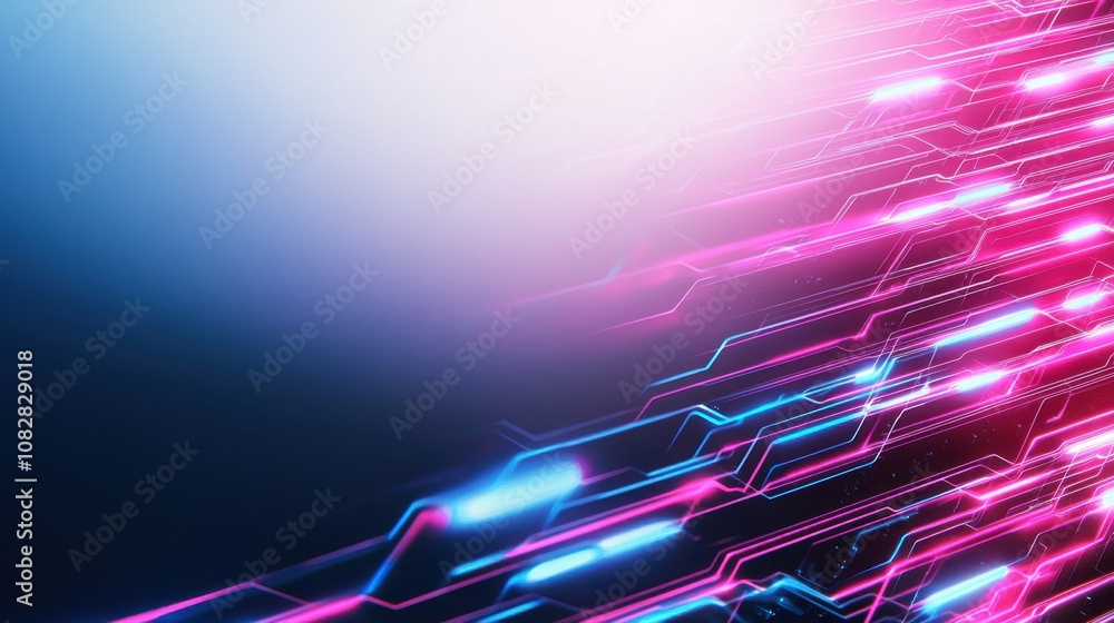 Poster a vibrant abstract design showcasing dynamic lines and glowing elements in blue and pink, representi
