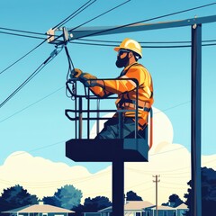 Worker Adjusts Power Line Connections in Suburban Area