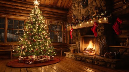 Fototapeta premium cozy and festive Christmas scene inside a rustic log cabin