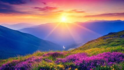 Obraz premium Breathtaking Mountain Range at Dawn with Colorful Wildflowers
