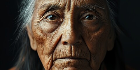 An Elderly Native American Woman Gazes Thoughtfully Into the Distance With Wisdom Evident in Her Deep-Set Eyes and Weathered Skin, Captured in a Close-Up Setting