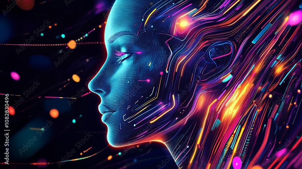 Poster futuristic ai concept design featuring a colorfully lit digital female profile face : generative ai