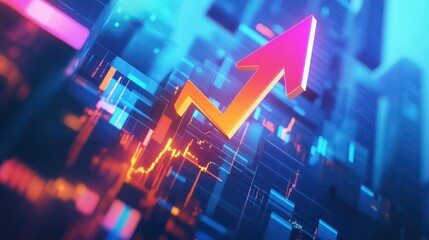 A bright pink and orange arrow pointing upwards, on a blue background with glowing neon lines and data.