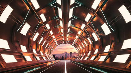 A sleek high-tech tunnel with metallic walls lined with blue and cyan lights extending into the...