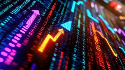 Abstract glowing arrows pointing up on a digital display.