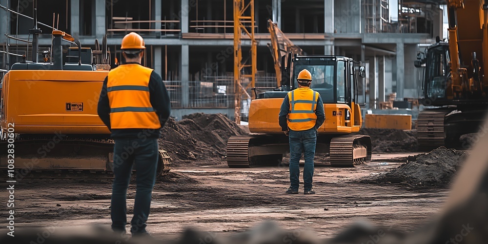 Poster Construction Site with Workers Operating Heavy Machinery in Urban Area : Generative AI