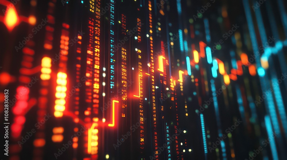 Poster abstract digital data stream with glowing lines and numbers, representing financial data or network 