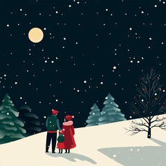 Winter night landscape, Christmas card, family, forest, night, winter illustration, vector, flat art