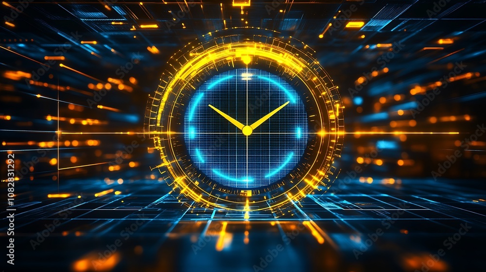 Poster futuristic digital clock with neon blue and yellow glowing elements : generative ai