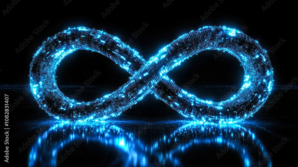 Poster digital infinity symbol with glowing binary code particles on black background