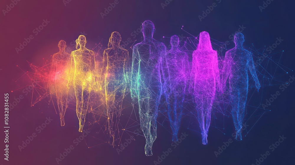 Poster a group of abstract glowing figures walking together, symbolizing unity and connection.