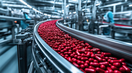 Obraz premium Automated production line in pharmaceutical factory with red capsules on conveyor belt and workers in background wearing protective clothing.