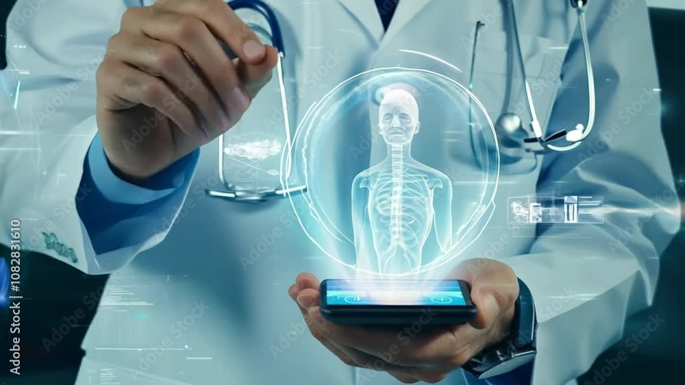 Poster doctor using a smart device to interact with a holographic interface generative ai