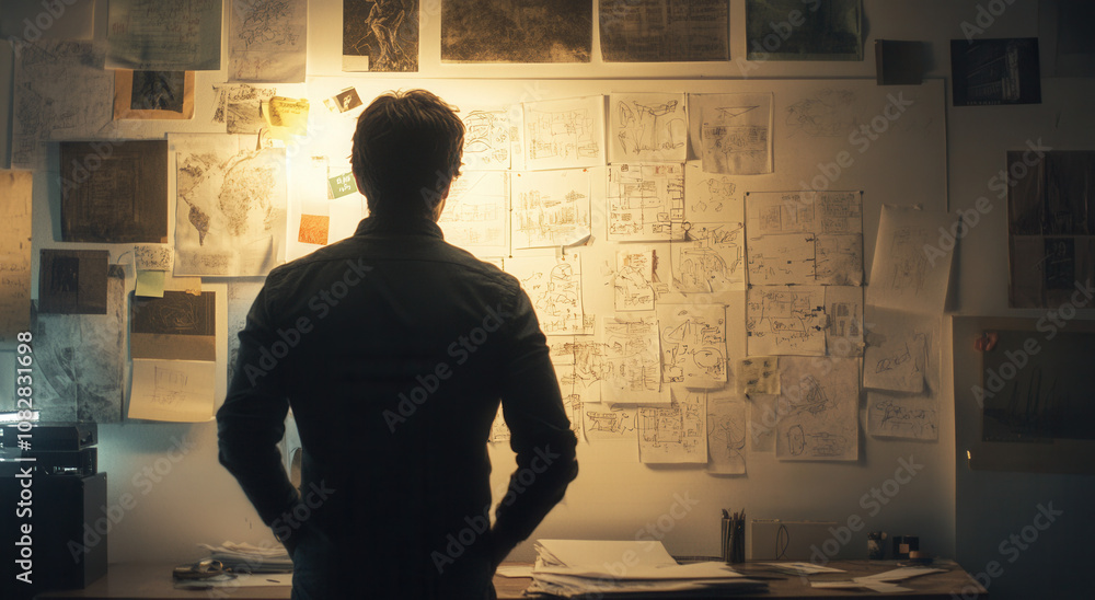 Poster a man is looking at his whiteboard with many sketches and ideas on it, while standing in front of th