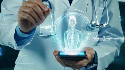 Doctor Using a Smart Device to Interact With a Holographic Interface Generative AI