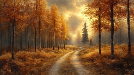 Obraz premium A serene autumn landscape with golden foliage and a winding path through the trees.