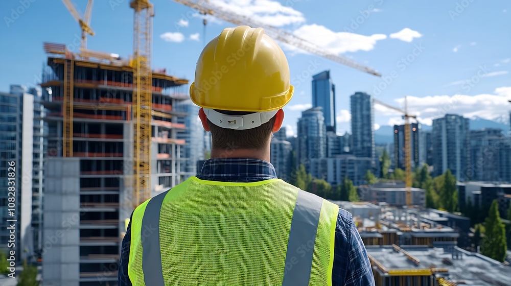 Poster construction manager overlooking urban cityscape with towering cranes and building projects : genera