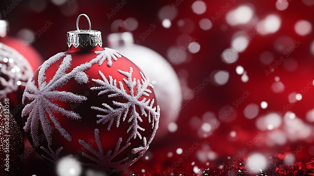 Poster closeup of red christmas ornament with white snowflake design on festive background : generative ai