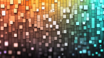 Abstract background with a gradient of squares in shades of orange, green, and blue.