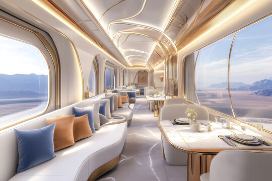 Luxury train cabin with plush seating, elegant decor, and large windows offering scenic views