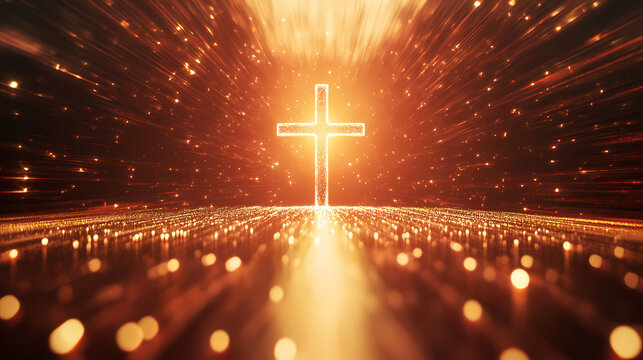 A digital rendering of a cross surrounded by rays of light, symbolizing divine presence. Divine. Illustration