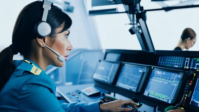 Female air traffic controller wearing a headset, monitoring radar screens in a control tower