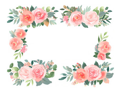watercolor pink flowers corolla frame with place for text