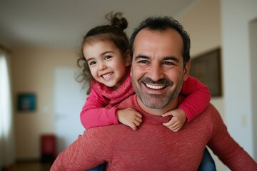 Joyful strong middle aged 35 years old father piggybacking little daughter girl at home, holding kid in arms, dancing in living room with child on back, laughing, enjoying parental family activity.