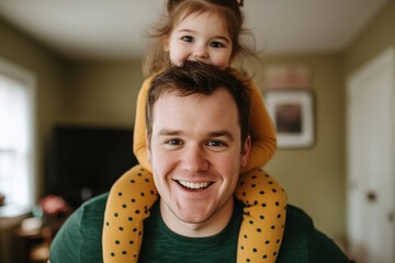 Joyful strong middle aged 35 years old father piggybacking little daughter girl at home, holding kid in arms, dancing in living room with child on back, laughing, enjoying parental family activity.