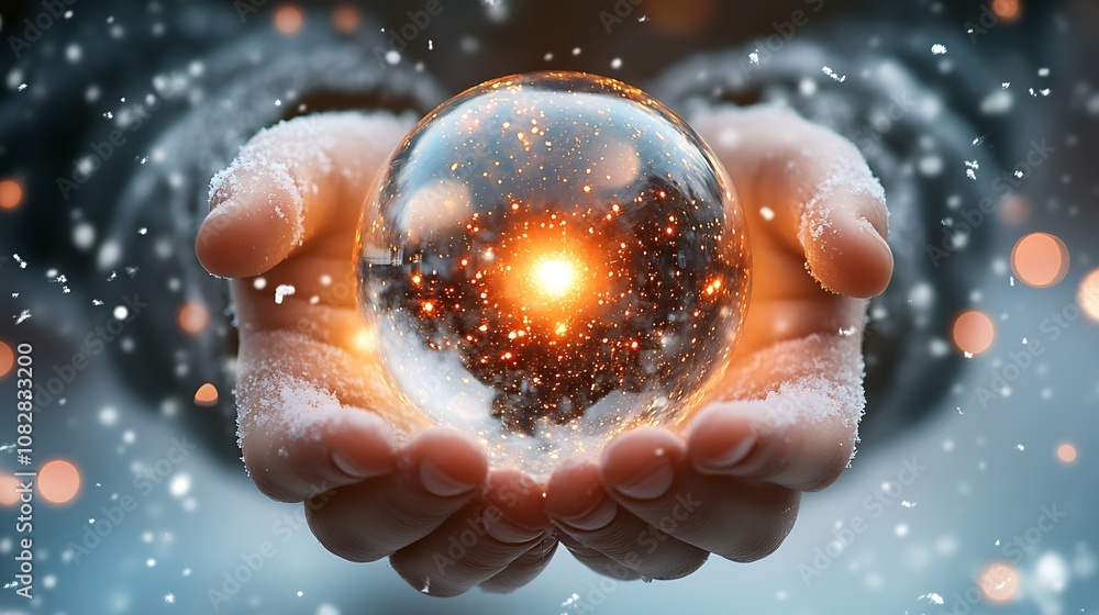 Poster hands holding a magical glowing snowy sphere in a winter wonderland setting : generative ai