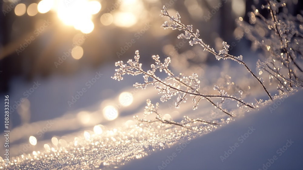 Poster close-up of delicate frost-covered branches sparkling in morning sunlight : generative ai