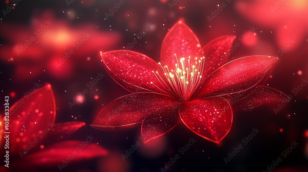 Poster Glittering Red Floral Bloom with Sparkling Particle Effects in Abstract Design : Generative AI