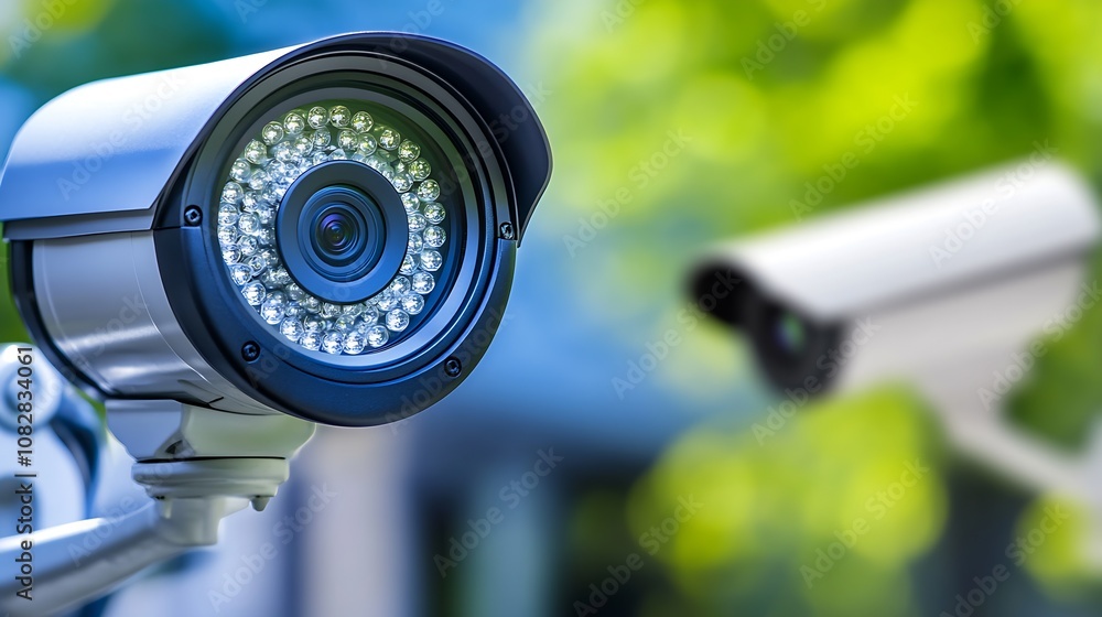 Poster close-up of outdoor surveillance camera in garden setting with greenery and blurred background : gen