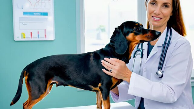 Veterinarian gently examining a dachshund on an examination table in a modern veterinary clinic