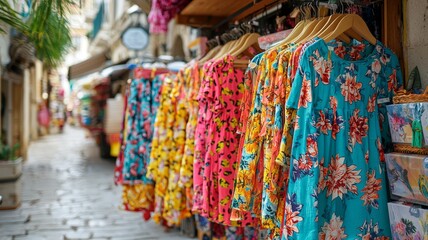 Fototapeta premium Colorful summer dresses on vibrant market stall at street fair