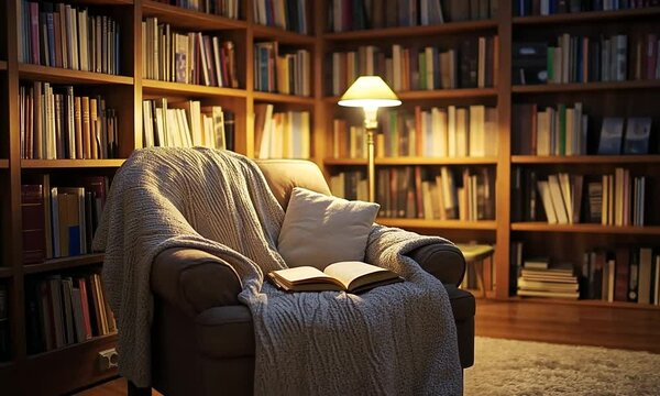 Cozy reading nook with an inviting armchair draped in a soft blanket surrounded by bookshelves filled with a variety of literature in warm indoor lighting
