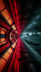 Fototapeta premium High-tech illuminated tunnel with glowing blue light panels metallic walls intricate futuristic designs and mist creating depth for a cinematic sci-fi ambiance.