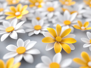 Fresh white and yellow daisies create vibrant floral background, evoking sense of joy and tranquility. blurred effect enhances beauty of these cheerful flowers