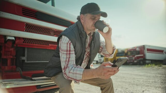 Positive Caucasian man wearing warm vest and baseball cap. Sitting on bumper of long lorry. Looking at smartphone screen while taking sip of hot drink. Enjoying break from long trip.