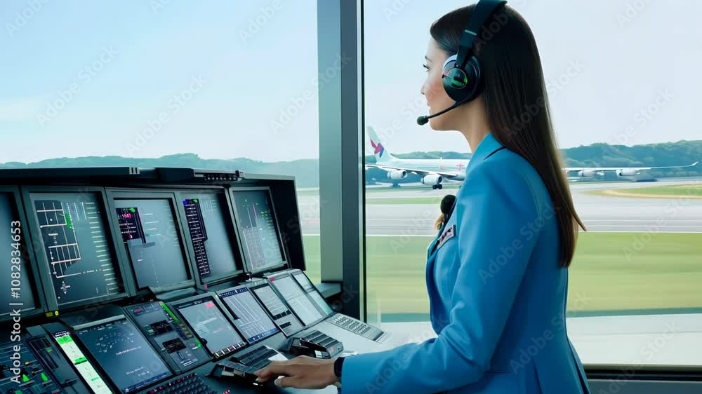 Poster female air traffic controller in a headset monitoring planes on the runway from a control tower.