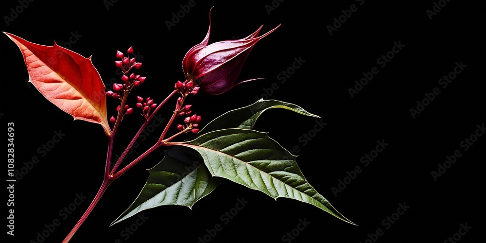 Poster Striking Botanical Art Composition with Dark Background and Richly Detailed Red Foliage : Generative AI