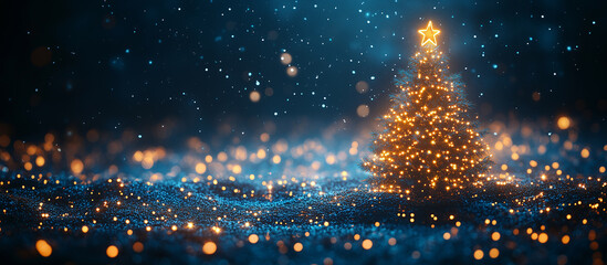 Spruce tree, Christmas tree, bokeh lights blue background. Merry Christmas and Happy Holidays greeting card, frame, banner. New Year. Noel. Winter xmas festive theme. 