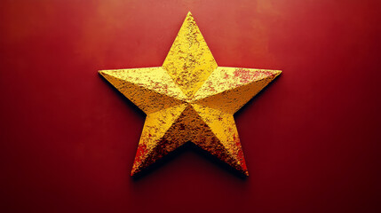 Obraz premium A textured golden star is centered on a red background. Concept of bold, vibrant design.